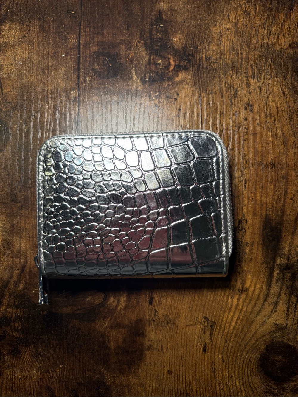 Metallic Croc-Embossed Zip Mini Wallet - Silver